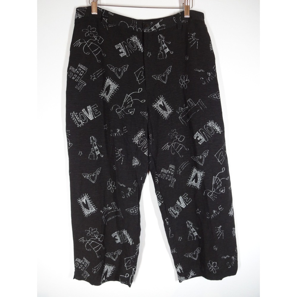 VTG Chico's Design Crop Pants Womens 2 Black Silk Linen Doodle Print Art To Wear